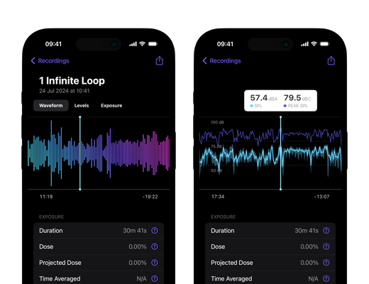 Two iPhones display an acoustic analysis report for an audio recording generated by Decibel Meter Ultra for iPhone. The left iPhone displays the scrubbable audio waveform. The right iPhone displays a chart showing sound levels over time.