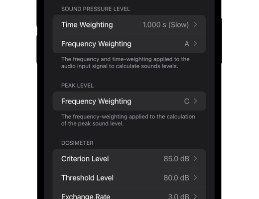 An iPhone shows the profile editor for Deicibel Meter Ultra, including options for selecting time and frequency weightings.