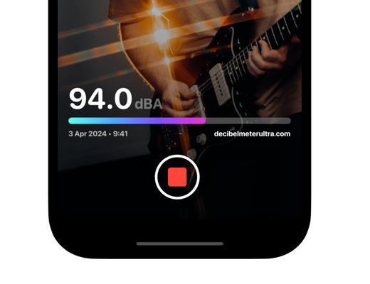 An iPhone takes a decibel reading while recording a video of a man playing an electric guitar.